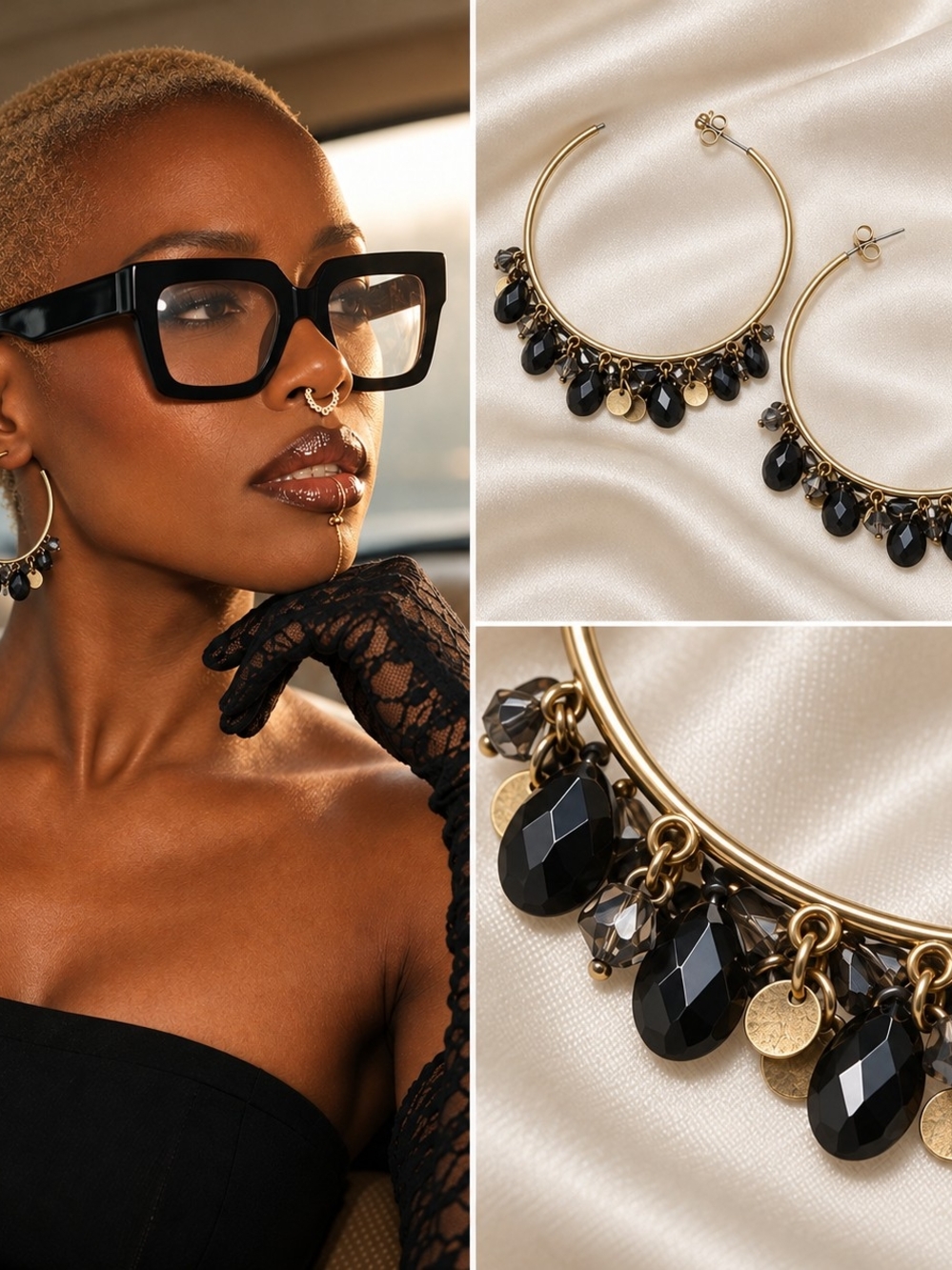 Gold Hoop Earrings with Black Teardrop Beads